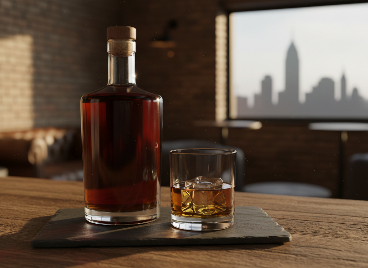 A close-up, photographic image of a single premium bourbon bottle from a fictional local Columbus distillery, with a blank, unbranded label, standing beside a heavy-cut crystal rocks glass half-filled with whiskey and a large clear ice cube. The set rests on a smooth, dark slate serving board atop a reclaimed oak bar. In the softly blurred background, hints of a refined urban bar interior with exposed brick and subtle references to the Columbus skyline appear. Golden hour light from the side casts long, warm shadows and delicate highlights, creating a luxurious, sophisticated mood, framed using the rule of thirds for a clean, modern composition.