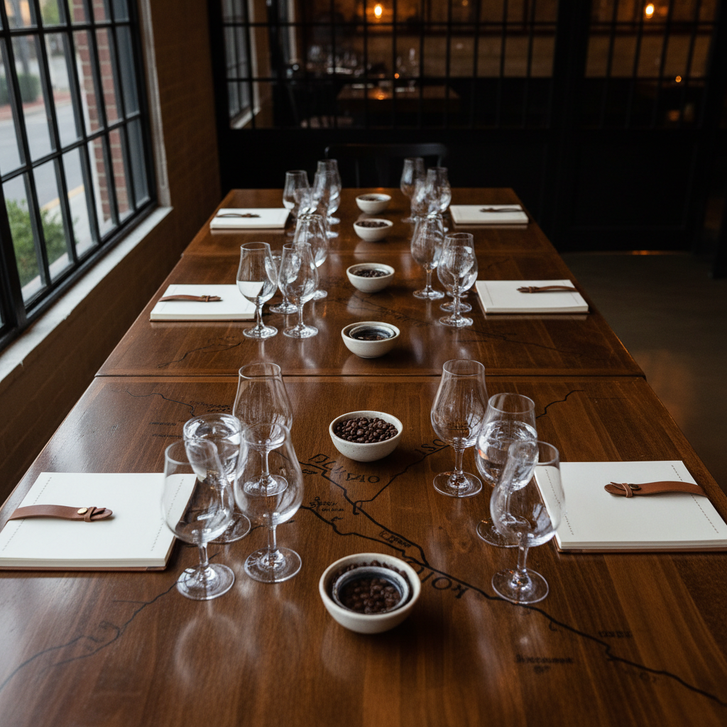 An overhead, photographic shot of a polished wooden table arranged for a whiskey education event, featuring several empty Glencairn glasses in a neat grid, tasting notebooks with blank covers, and small bowls of water and coffee beans for palate cleansing. Subtle map outlines of Columbus, Ohio are etched into the tabletop, adding a local sense of place without text. Soft, diffused evening light from nearby industrial-style windows blends with warm ceiling lights, creating a balanced, inviting glow. The composition emphasizes symmetry and order, with sharp focus throughout, conveying a thoughtful, sophisticated learning atmosphere for an engaged whiskey community.