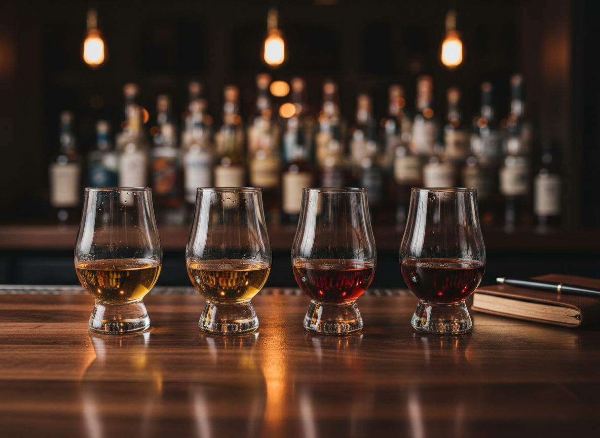 A meticulously arranged whiskey tasting flight featuring four distinct Glencairn glasses filled with amber, gold, and deep mahogany bourbons, each catching the light differently on a rich, dark walnut bar. Behind them, an out-of-focus backbar showcases rows of bottles from local Columbus, Ohio distilleries, their shapes and colors adding depth without readable labels. Warm pendant lighting from above creates elegant reflections on the polished wood and gentle highlights on the curved glass. Photographic realism, eye-level composition with a shallow depth of field, evoking a sophisticated, intimate atmosphere perfect for a curated whiskey community event.