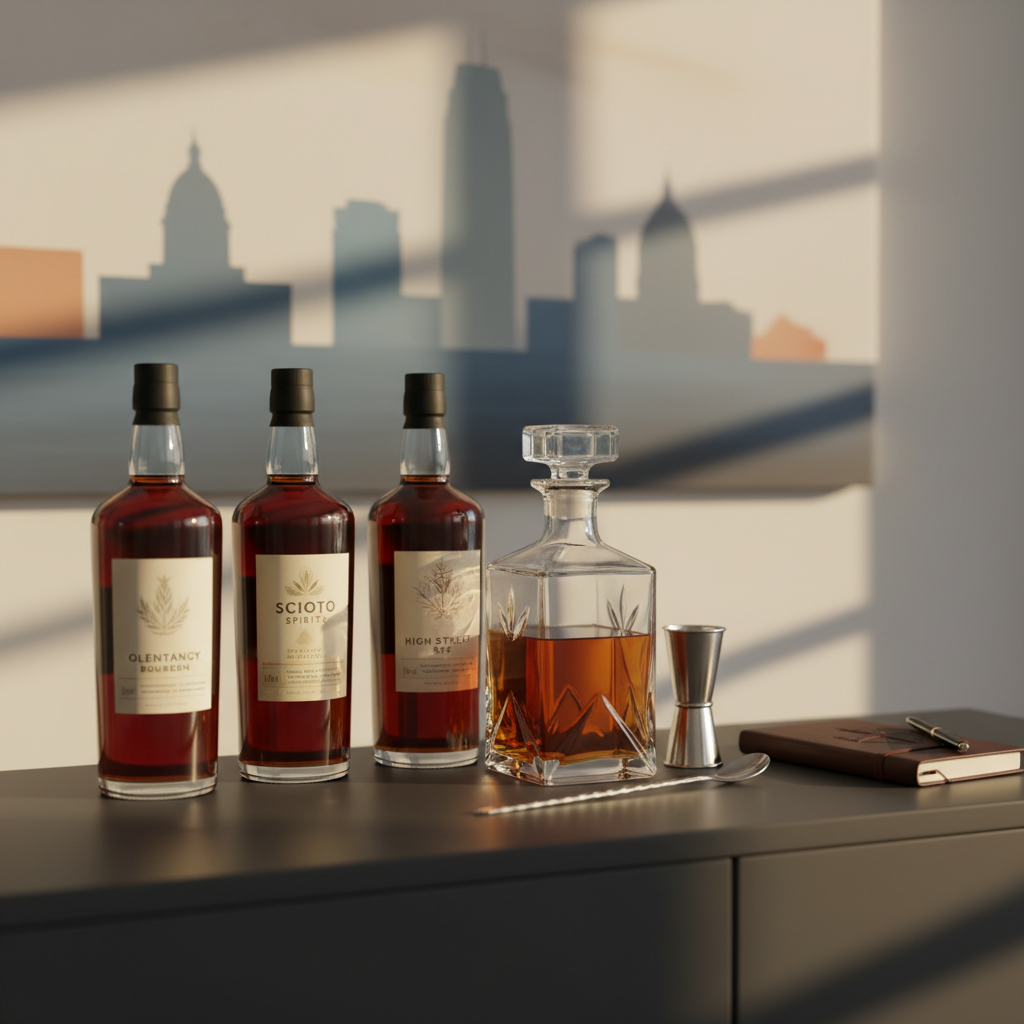 A detailed, photographic still life of a Columbus-inspired home bar setup on a sleek, charcoal-gray console table, featuring a curated selection of unbranded whiskey bottles from local-style distilleries, a heavyweight crystal decanter, and a polished stainless-steel jigger and bar spoon. A minimalist abstract artwork hinting at the Columbus skyline hangs blurred in the background. Late afternoon sunlight filters through an unseen window, creating diagonal streaks of light and soft shadows across the scene. Shot from a slightly elevated angle with a shallow depth of field, the mood is quietly luxurious and sophisticated, suggesting a well-informed whiskey enthusiast’s refined space.