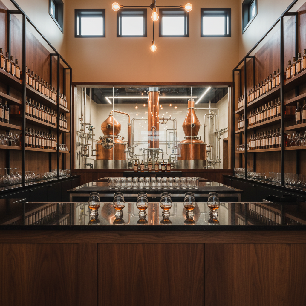 A richly detailed interior of a Columbus, Ohio craft distillery tasting room rendered in photographic realism, featuring gleaming copper stills glimpsed through a glass wall in the background and a central tasting bar in the foreground. On the bar, several house whiskey and bourbon samples in tulip glasses reflect the warm, amber-toned lighting. The walls combine dark wood and modern black metal shelving with rows of unbranded bottles and empty tasting glasses. Soft, warm overhead lighting mixed with subtle natural light from high windows creates a cozy, refined atmosphere. Shot at eye level with moderate depth of field, the composition invites viewers into a sophisticated, local whiskey experience.