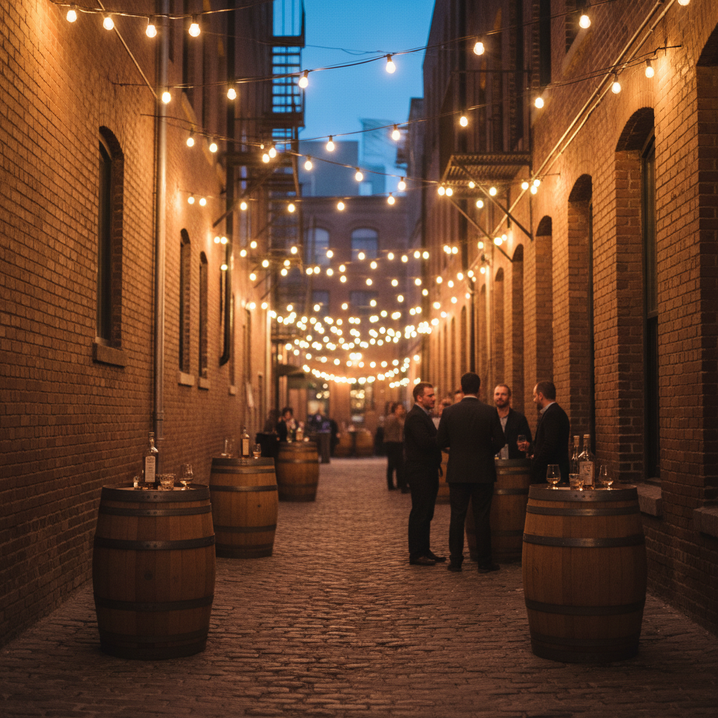 A cinematic, photographic view down the length of a narrow, brick-walled alley in Columbus, Ohio subtly stylized with recognizable but generic urban architecture, opening into a warmly lit courtyard set up for an outdoor whiskey gathering. In the courtyard, polished oak barrels are repurposed as cocktail tables, each topped with small groups of whiskey glasses and unbranded bottles. String lights zigzag overhead, casting a golden, festive glow and soft pools of light on the cobblestones. Captured at blue hour with a slightly elevated angle, the image balances sharp detail in the foreground with gentle bokeh in the distance, creating a sophisticated yet welcoming community event vibe.